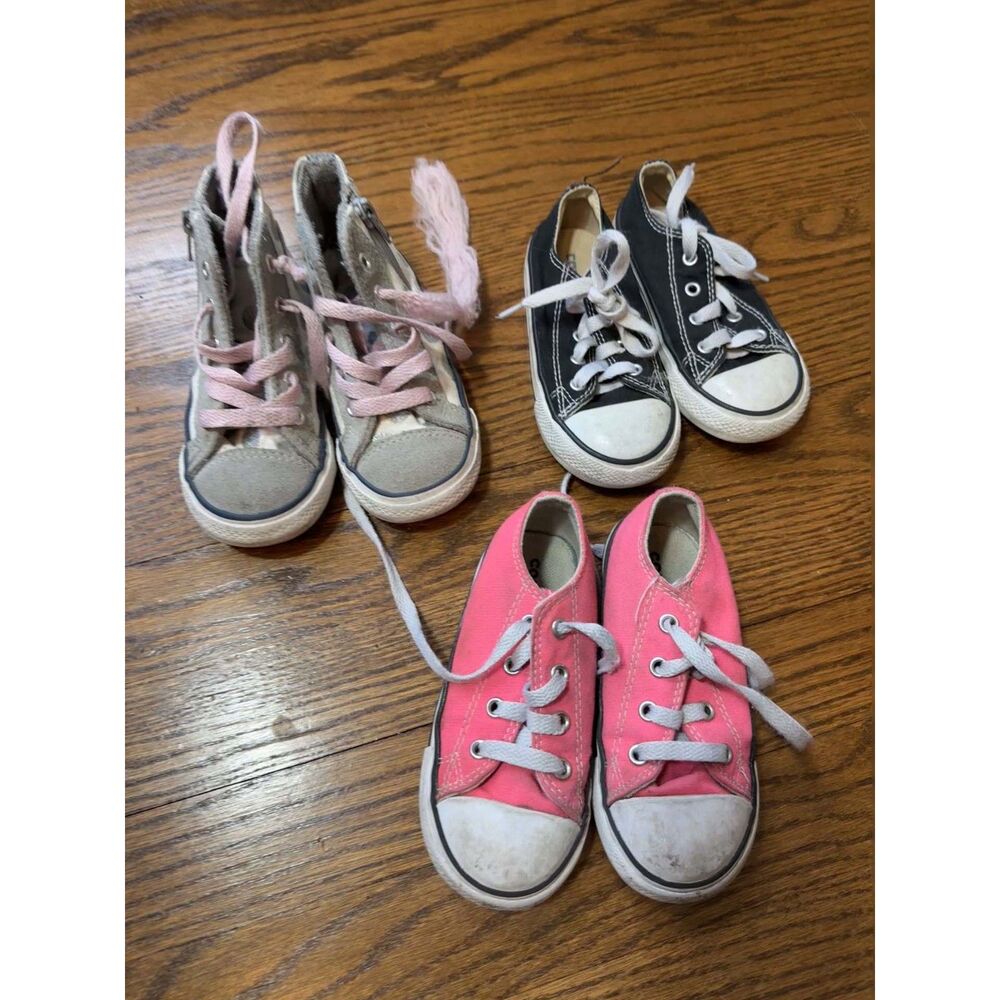 Converse Toddler Sneakers High Tops Girls Pink Polka Dot Gray Size 8 Lot (3)